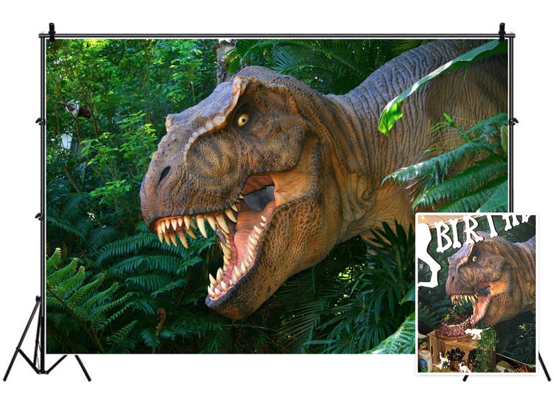 Leyiyi 5x3ft Photography Background 3D Safari Dinosaur Birthday Party Backdrop Ancient Jungle Tropical Bush Teeth Hunting Summer Camp Baby Shower Photo Portrait Vinyl Video Studio Prop - Image 1